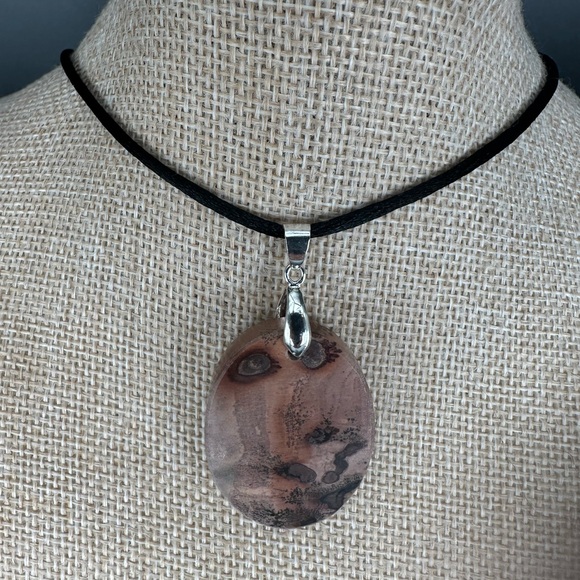 Oval Red Flower Picture Jasper Pendant on Black Satin Rope - Picture 10 of 13